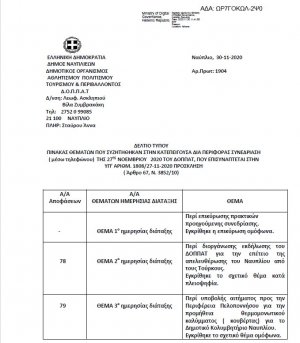 Πίνακας Θεμάτων που Συζητήθηκαν στην Κατεπείγουσα δια περιφοράς  Συνεδρίαση ( μέσω τηλεφώνου) της 27ης Νοεμβρίου 2020